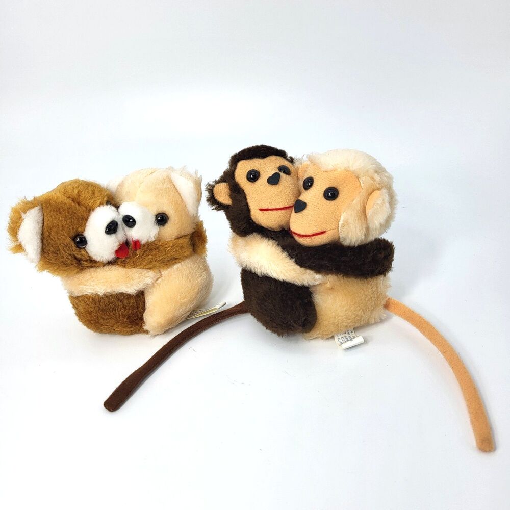 Vintage 80s Hugging Bears Monkeys Cream Brown Interpur Plush Stuffed Animal 5"